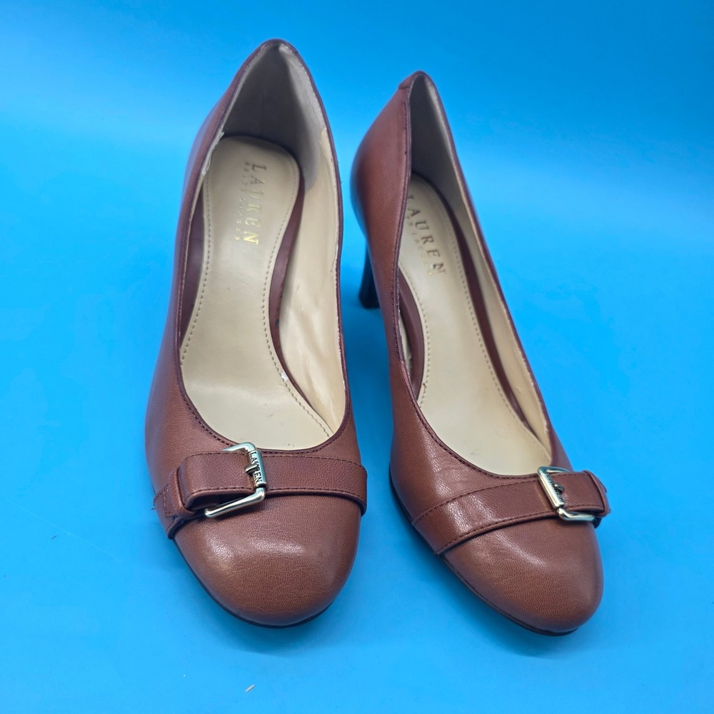 Lauren Ralph Lauren Saffron Brown Leather Buckle Pumps Heels‎ Womens 7B Cognac